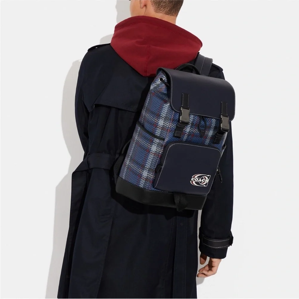 Coach Leather Backpack Blue Track Plaid Laptop Travel Carry On Bag Quiet Luxury‎
